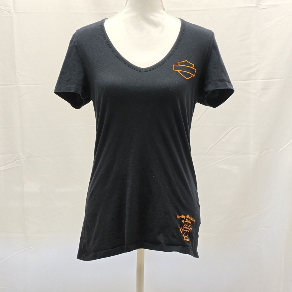 Harley Davidson Womens L Dallas Texas Black Skull Roses Spiderweb V Neck T Shirt